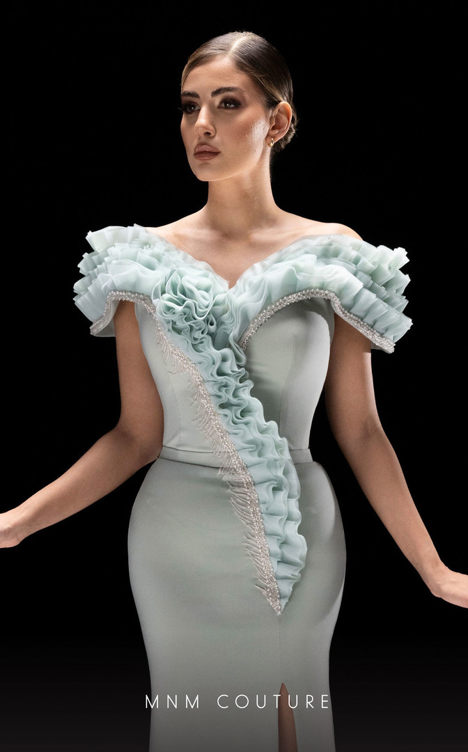 MNM Couture K4228 Crepe Organza Off-shoulder Sleeves Dress