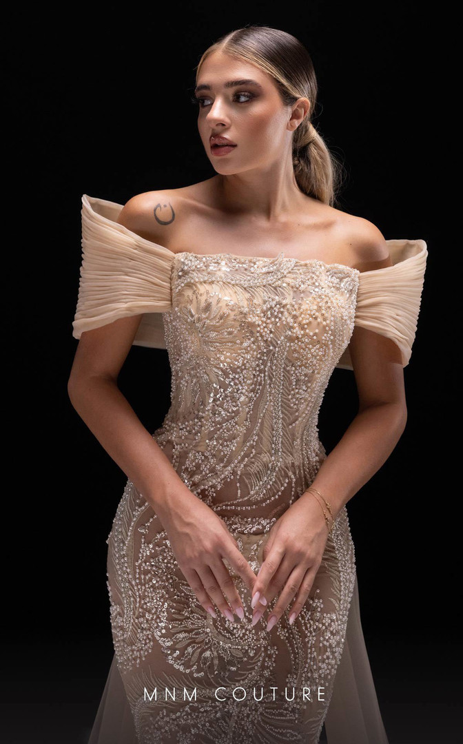 MNM Couture K4246 Mesh Embroidery Beaded Off Shoulder Dress