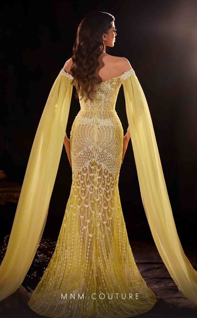 MNM Couture K4249 Mesh Beads Embroidered Cape Sleeves Dress