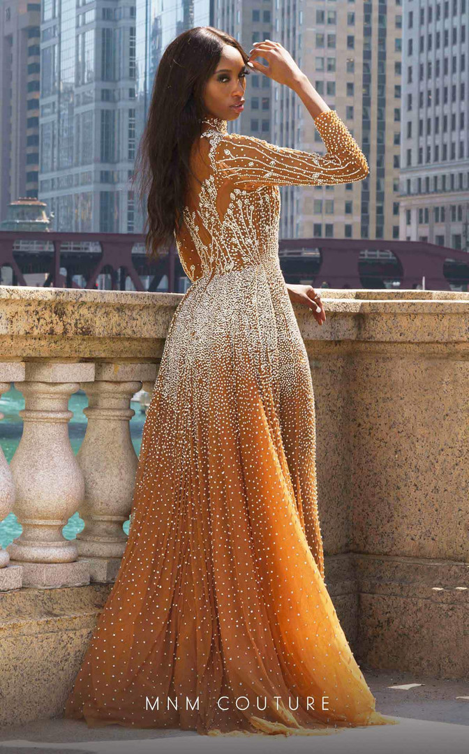 MNM Couture M1127 Beaded Sleeves Halter Neckline Long Dress