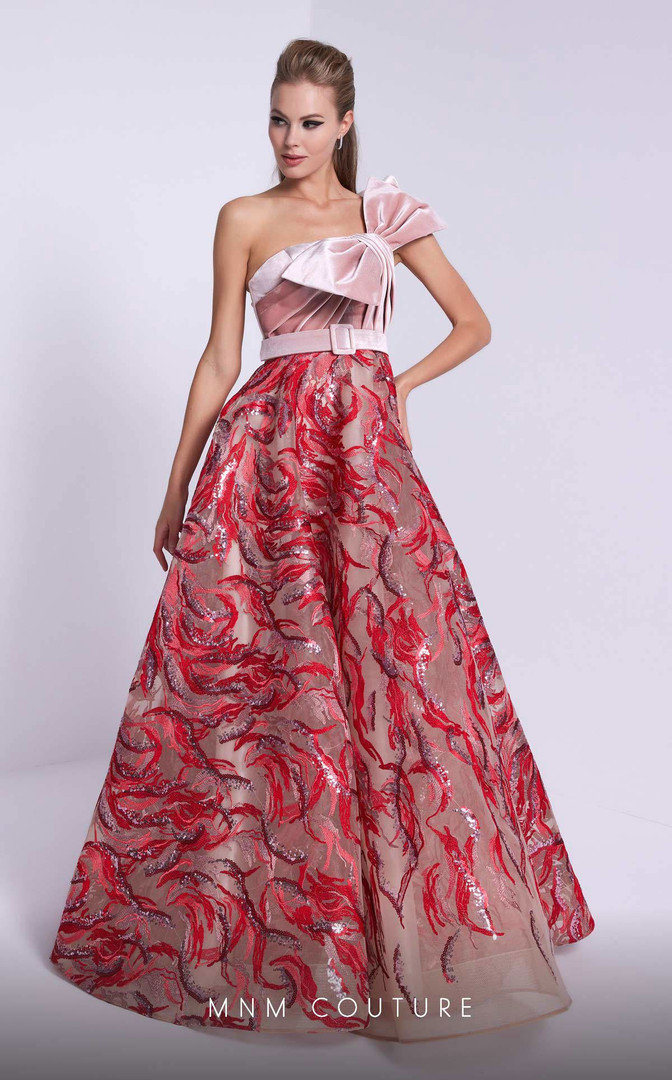 MNM Couture N0576 Embroidery One-shoulder Strap Long Dress