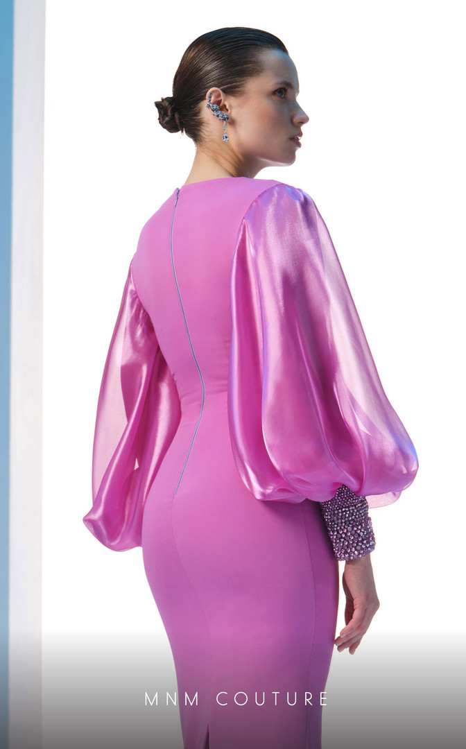 MNM Couture N0606 Crepe High V-neck Puffed Sleeves Dress