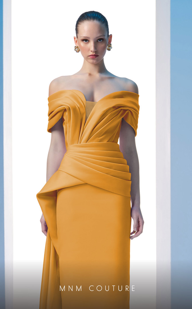 MNM Couture N0607 Satin Off Shoulder Sleeve Pleating Dress