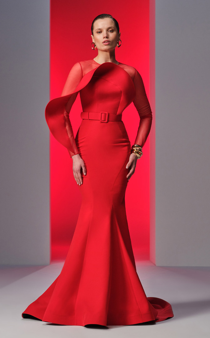 MNM Couture N0613 Crepe Jewel Neckline Long Sleeve Dress