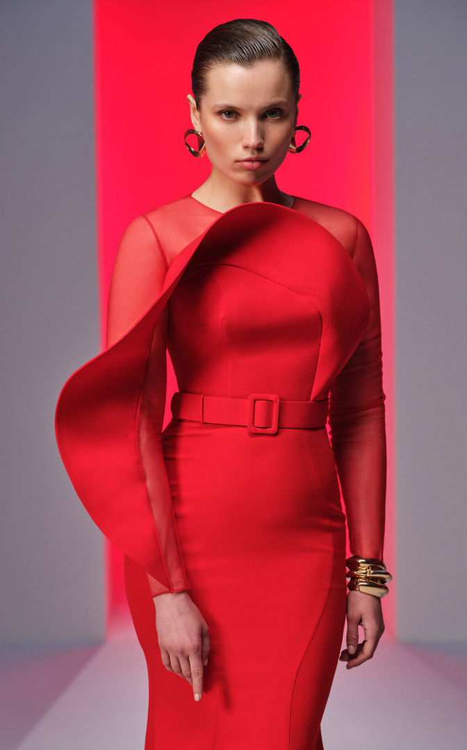 MNM Couture N0613 Crepe Jewel Neckline Long Sleeve Dress