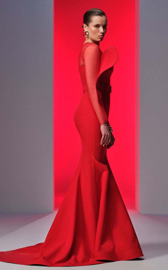 MNM Couture N0613 Crepe Jewel Neckline Long Sleeve Dress