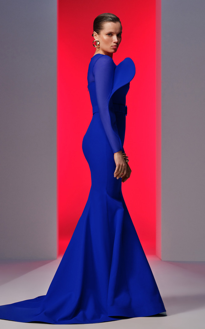 MNM Couture N0613 Crepe Jewel Neckline Long Sleeve Dress