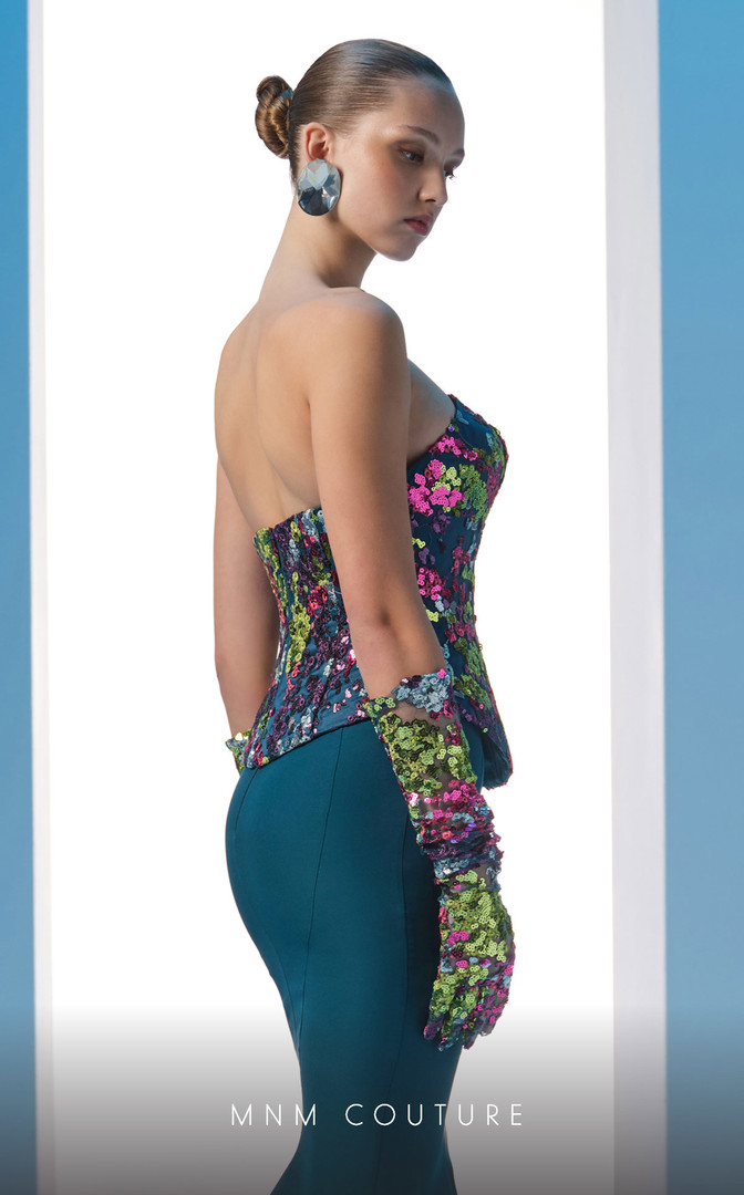 MNM Couture N0616 Crepe Embroidered Strapless Fitted Dress