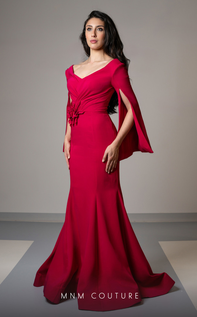 MNM Couture V02044 Crepe Cloak Sleeves V-neck Fitted Dress