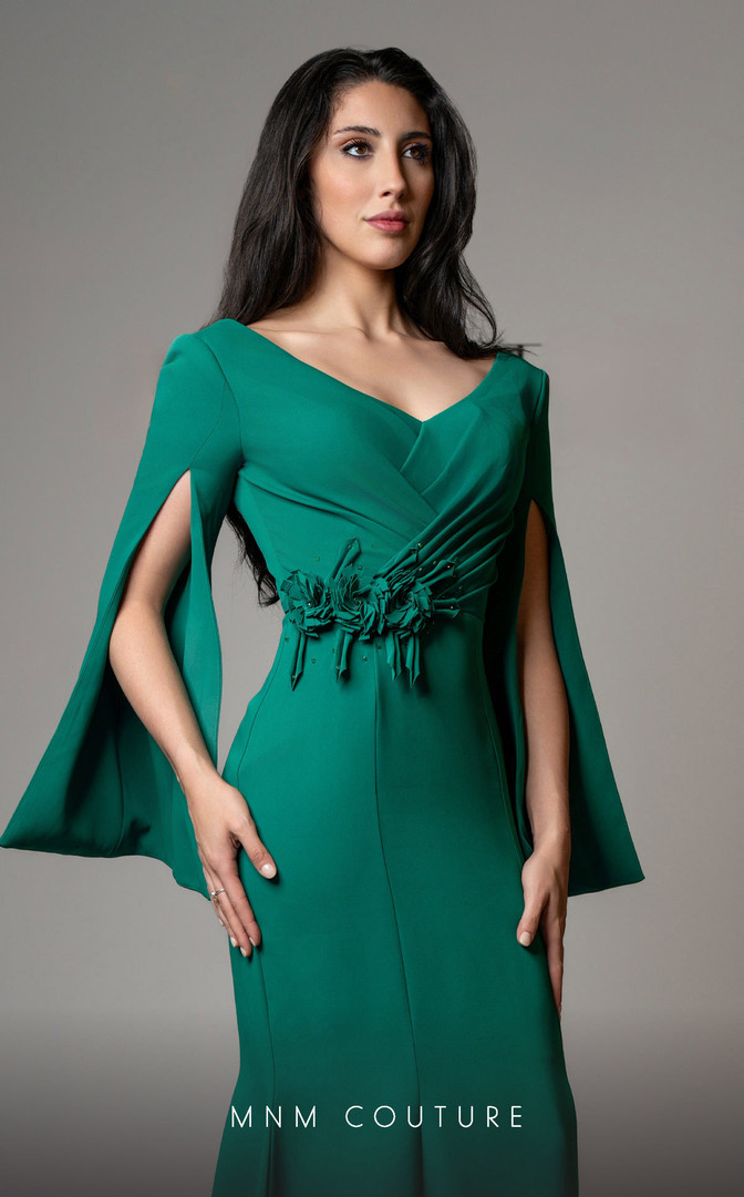 MNM Couture V02044 Crepe Cloak Sleeves V-neck Fitted Dress