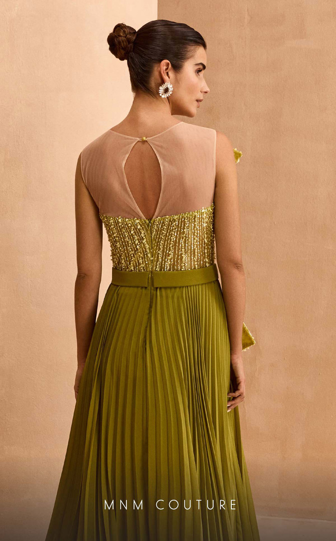 MNM Couture V07014 Satin Beaded Chiffon Illusion Neck Dress