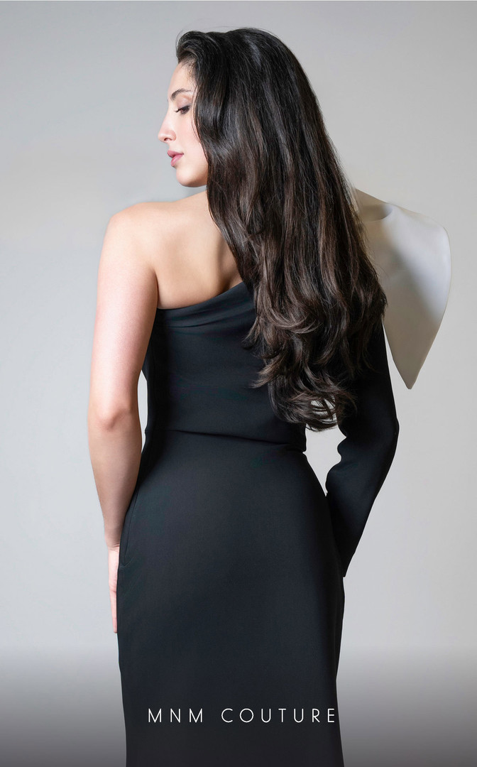 MNM Couture V07245 Rayon Crepe Asymmetric Neckline Dress