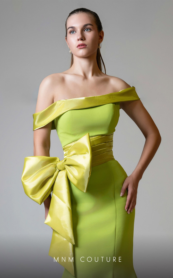 MNM Couture V07546 Rayon Crepe Off-Shoulder Fitted Dress
