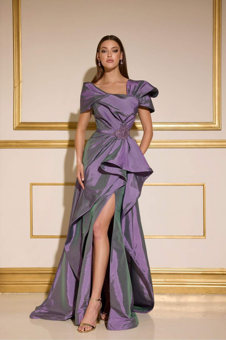 Terani Couture 252E5148 Taffeta Asymmetrical Neck Long Dress