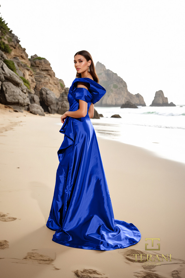 Terani Couture 252E5148 Taffeta Asymmetrical Neck Long Dress