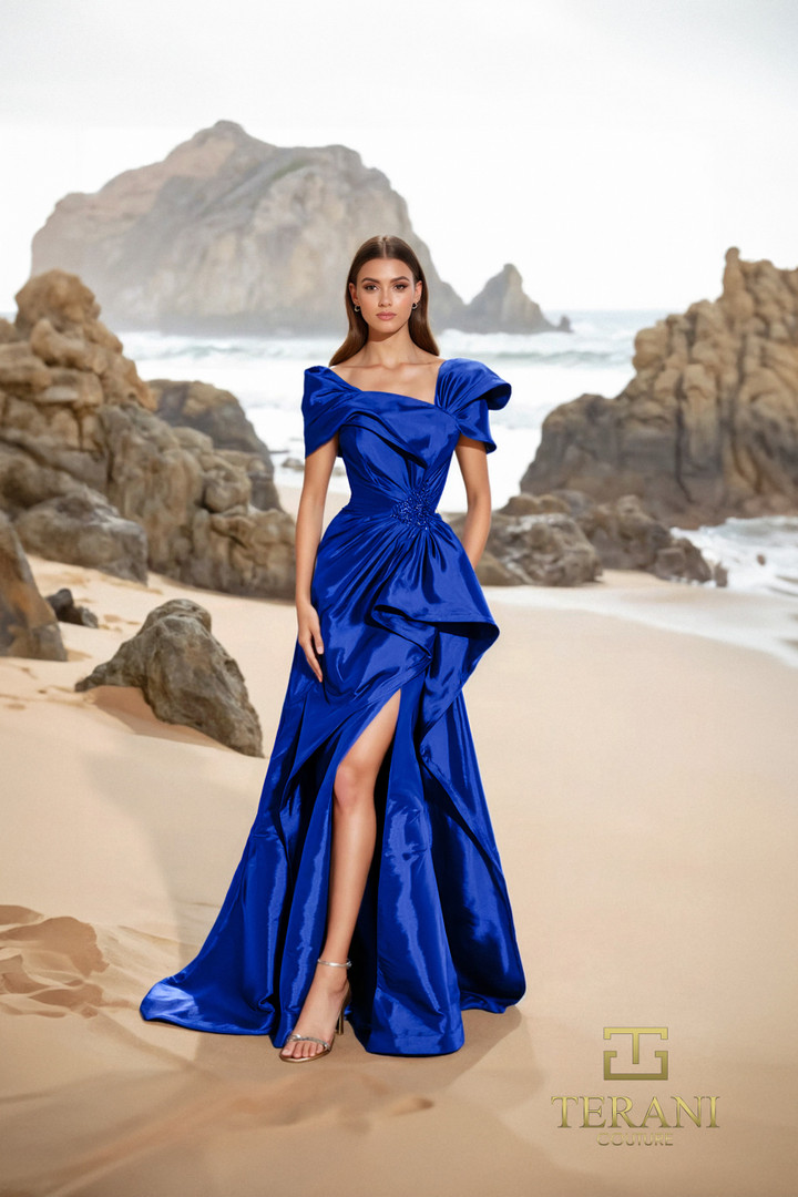 Terani Couture 252E5148 Taffeta Asymmetrical Neck Long Dress