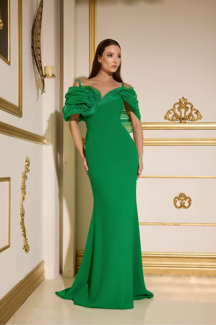 Terani Couture 252E5181 Crepe Asymmetrical Neck Long Dress