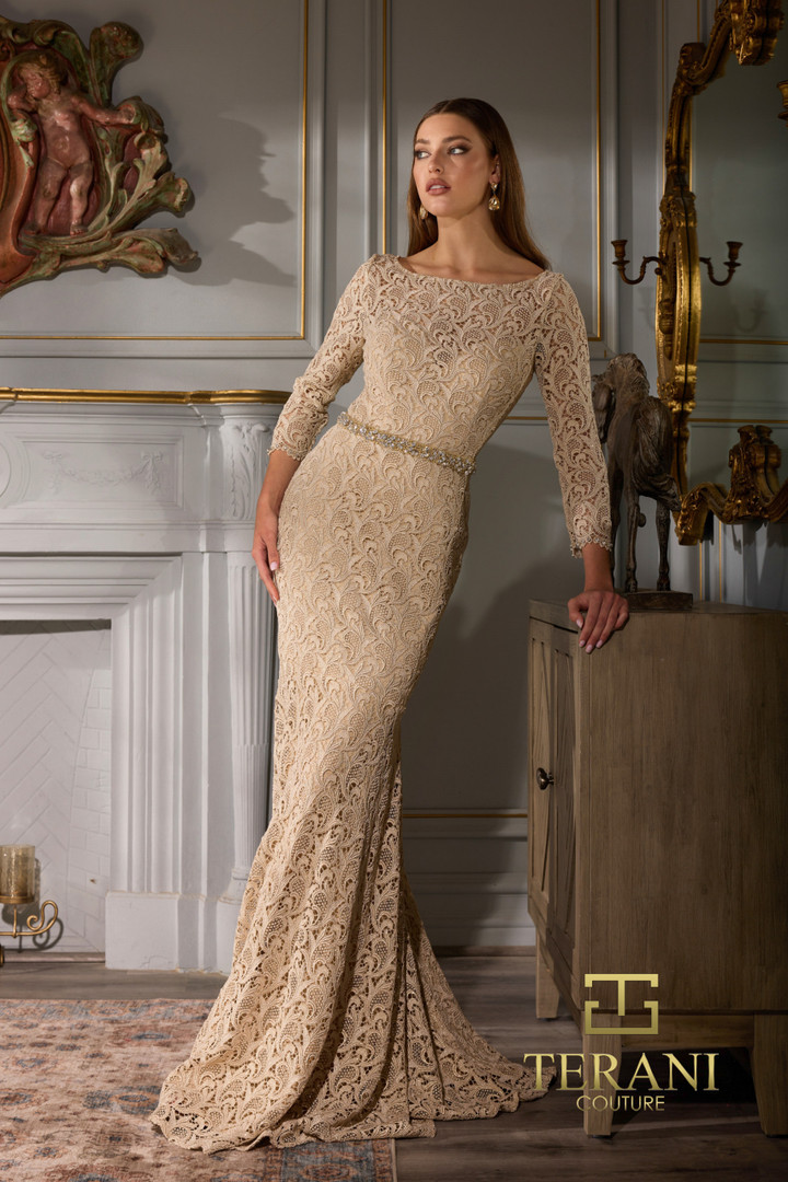 Terani Couture 252M5331 Metallic Lace 3/4 Sleeves Long Dress