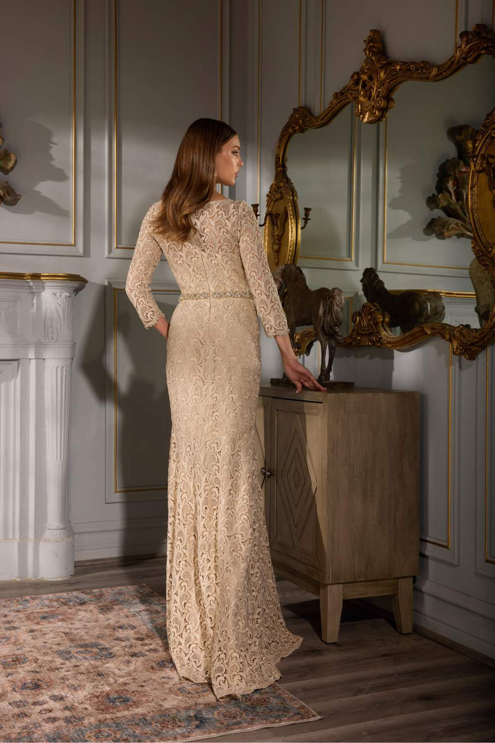 Terani Couture 252M5331 Metallic Lace 3/4 Sleeves Long Dress