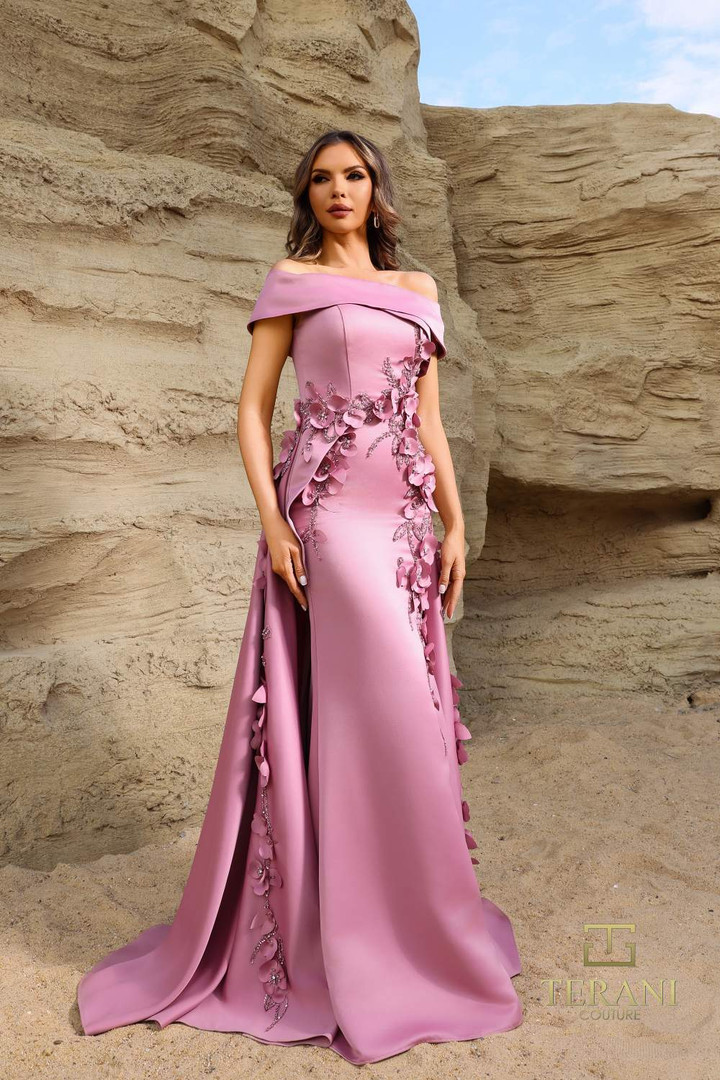 Terani Couture 252M5317 Matte Satin Off Shoulder Long Dress