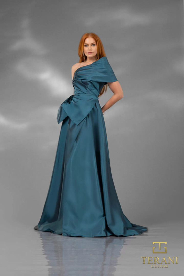 Terani Couture 252E5102 Taffeta Asymmetrical Neck Long Dress