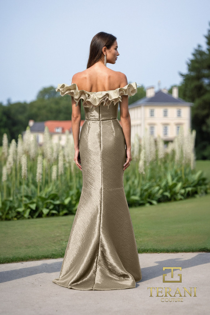 Terani Couture 252E5156 Metallic Jacquard Ruffles Long Dress