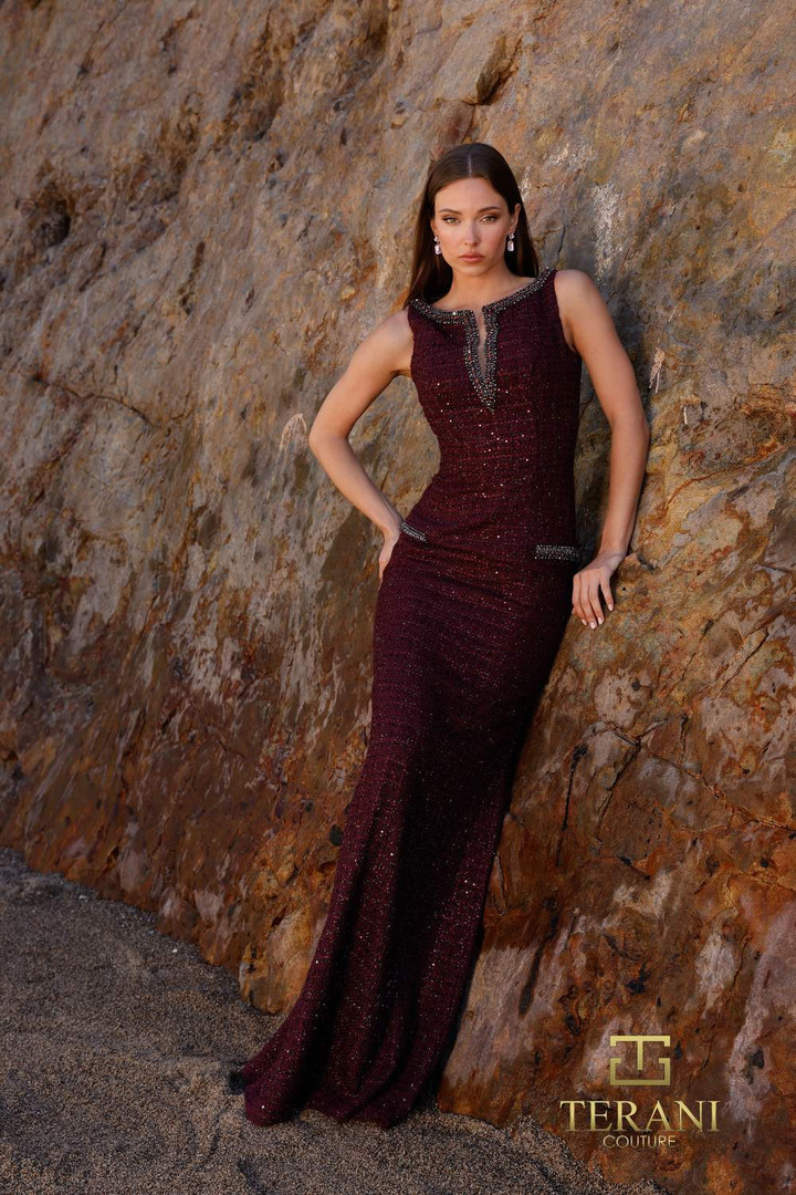 Terani Couture 252E5119 Metallic Tweed Sleeveless Long Dress