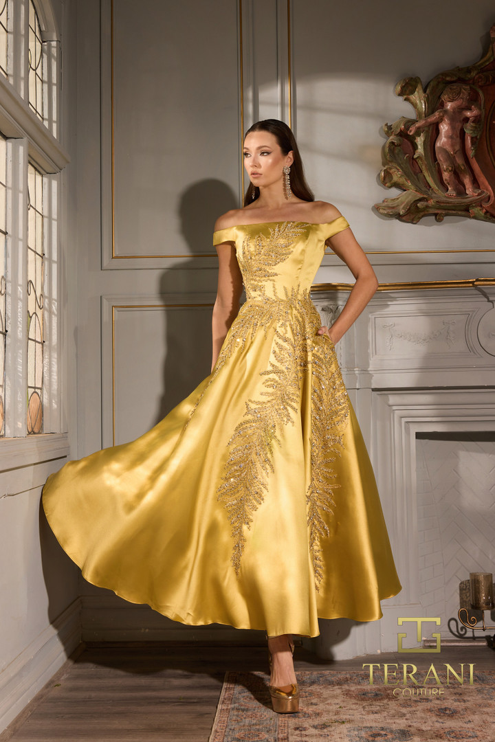 Terani Couture 252C5004 Matte Satin Off Shoulder Long Dress