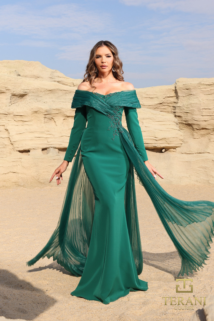 Terani Couture 252M5316 Stretch Satin Off-Shoulder Dress