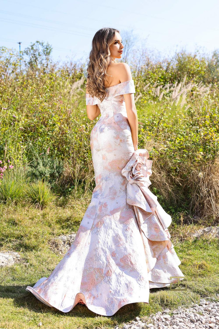 Terani Couture 252M5318 Metallic Jacquard Off Shoulder Dress