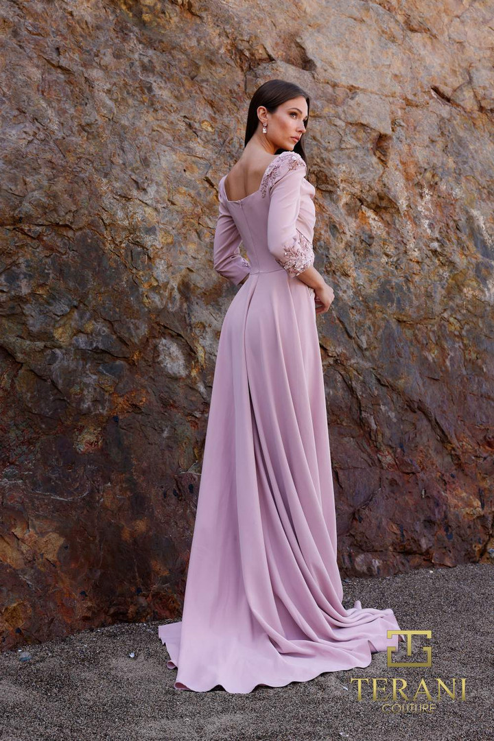 Terani Couture 252M5338 Stretch Crepe 3/4 Sleeves Long Dress