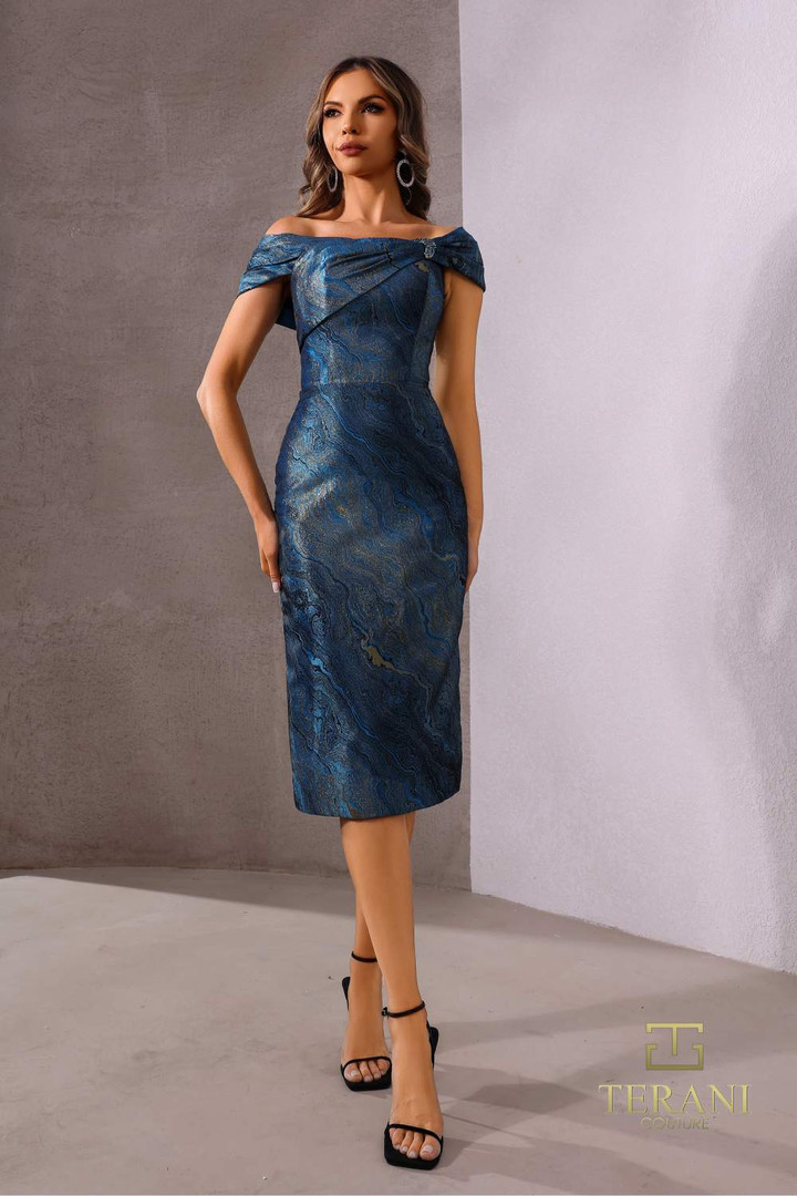 Terani Couture 252C5019 Marble Jacquard Knee Length Dress