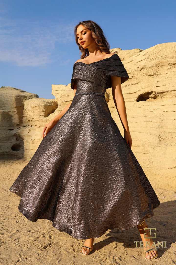 Terani Couture 252C5022 Scuba Off-The-Shoulder A-line Dress