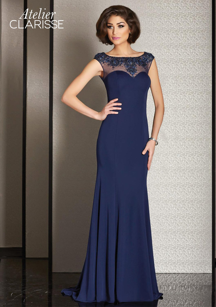 Clarisse M6241 Beaded Neck Cap Sleeves Sheath Long Gown