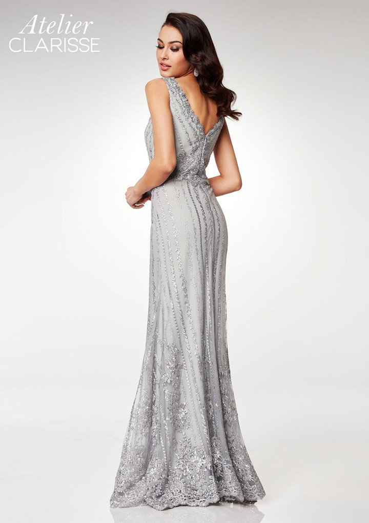 Clarisse M6501 Adorned Lace Embroidery Deep V-Neck Dress