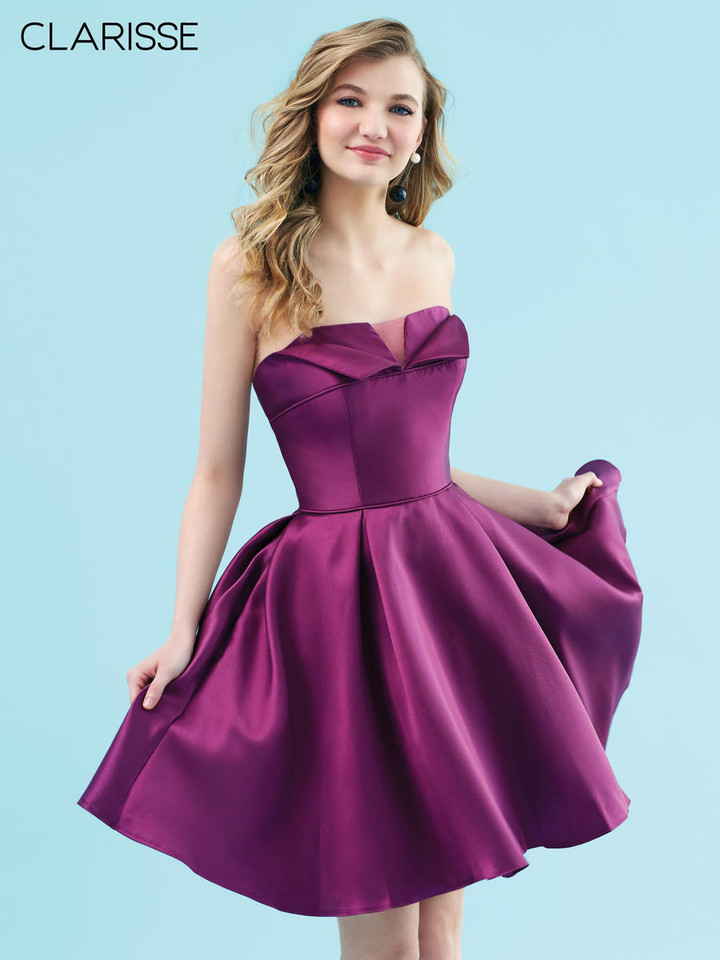 Clarisse 3917 Glossy Mikado Strapless V-Neck Short Dress