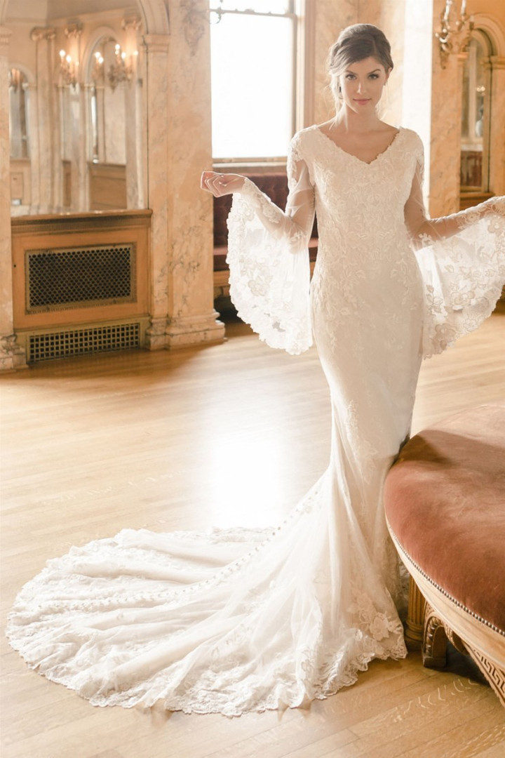 Modest by Mon Cheri TR22056 Tulle Allover Lace Wedding Dress