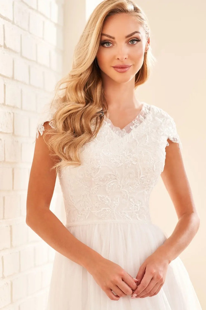 Modest by Mon Cheri MOD1816 Tulle V-Neck Long Wedding Dress