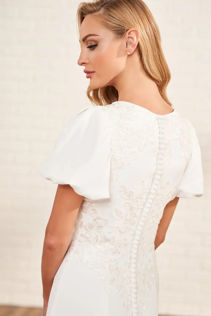 Modest by Mon Cheri MOD1820 Crepe Short Sleeve Wedding Dress