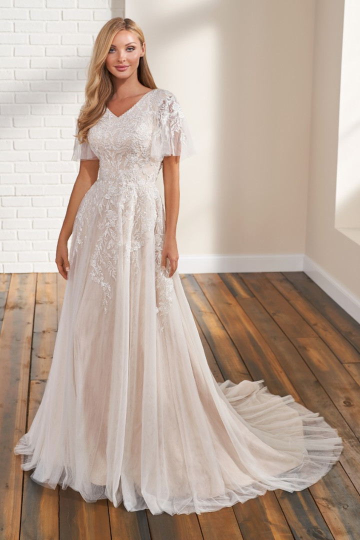 Modest by Mon Cheri TR12297 English Net V-Neck Wedding Dress