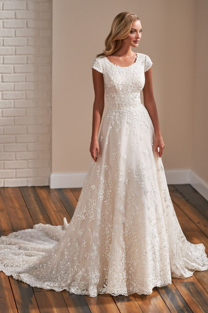 Modest by Mon Cheri TR22173 Sequin Lace Tulle Wedding Dress