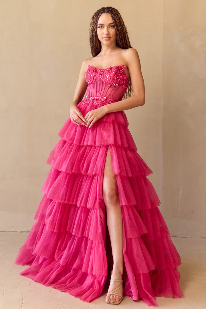 Amelia Couture 9053 Scoop Neck Tiered Strapless Long Dress