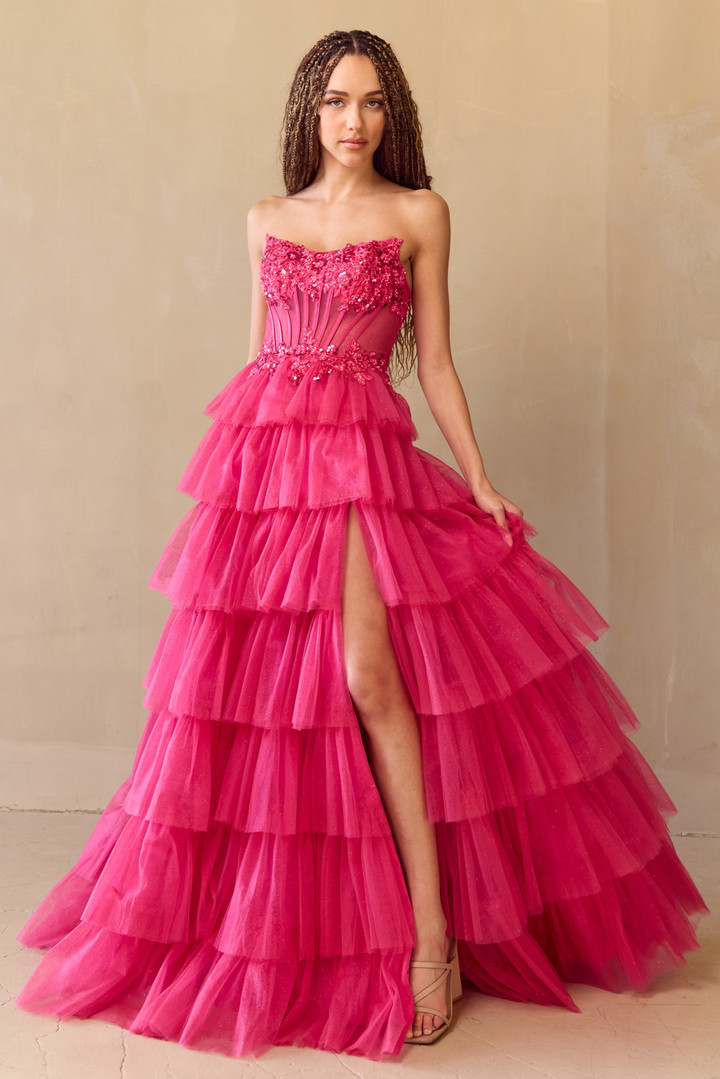 Amelia Couture 9053 Scoop Neck Tiered Strapless Long Dress