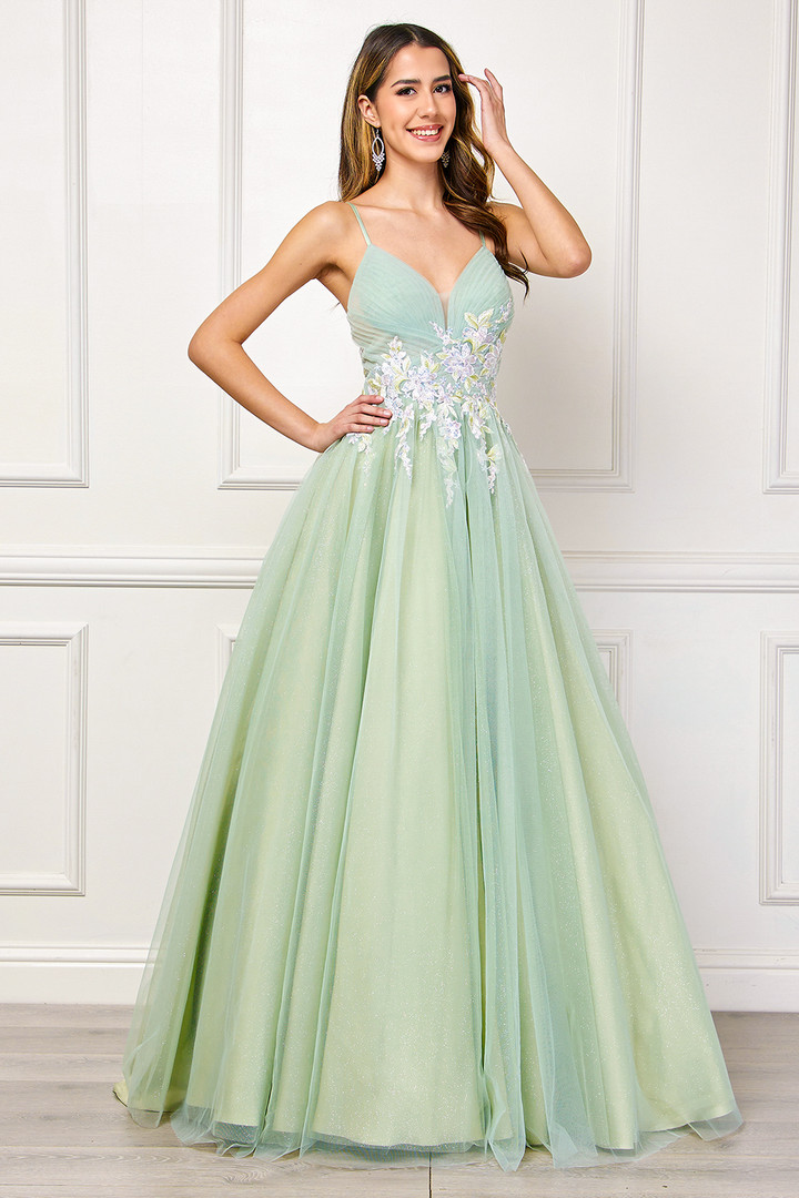 Amelia Couture SU088 Floral Embroidered V-Neck Long Dress