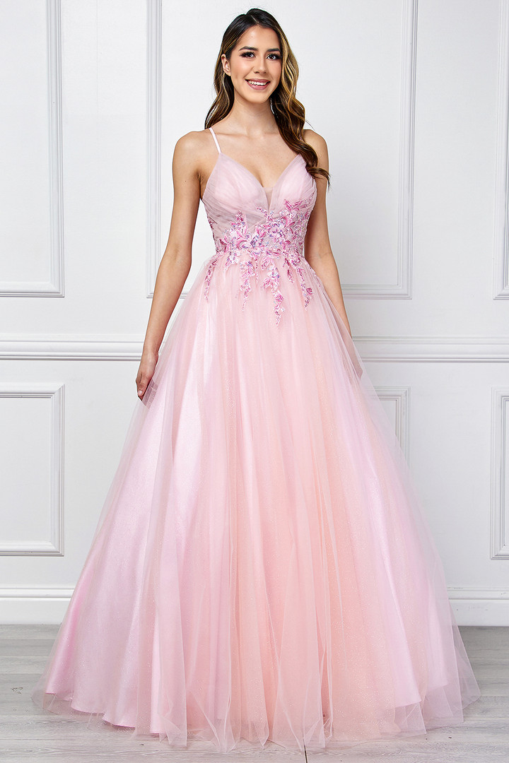 Amelia Couture SU088 Floral Embroidered V-Neck Long Dress