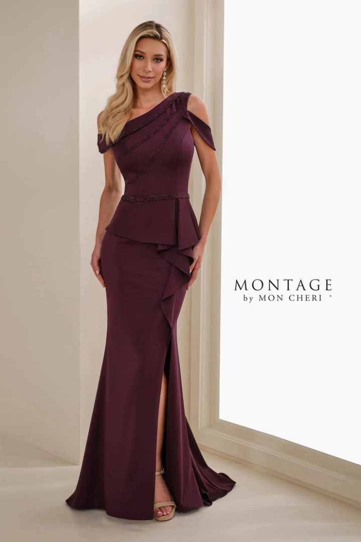Montage by Mon Cheri M3107 Crepe Asymmetric Neck Long Dress