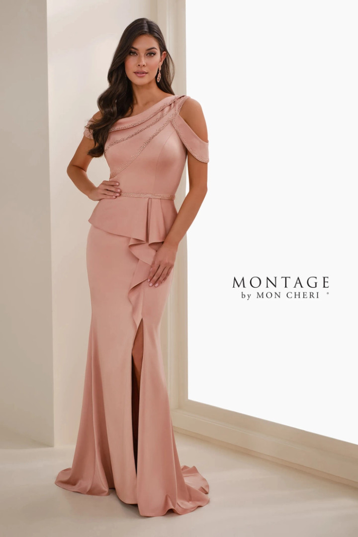 Montage by Mon Cheri M3107 Crepe Asymmetric Neck Long Dress