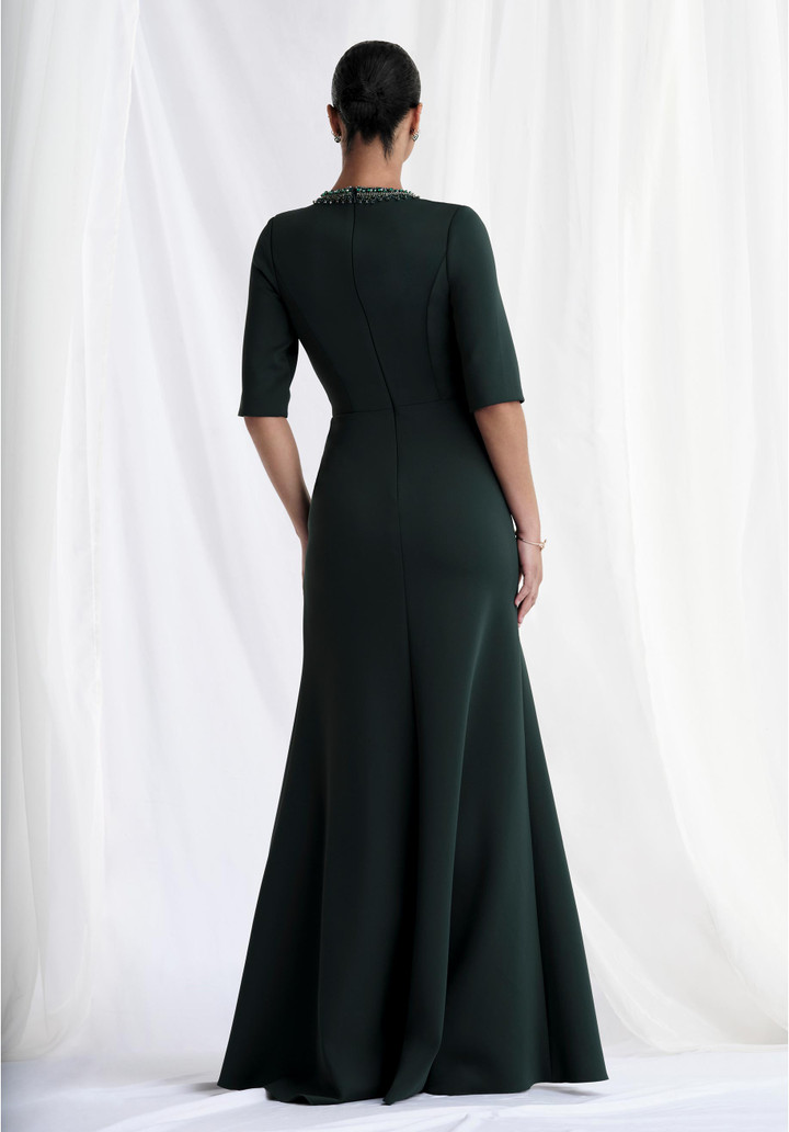 Morilee MGNY 73154 Scuba Knit Beads V-Neck Elbow Sleeve Gown