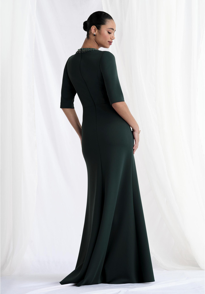 Morilee MGNY 73154 Scuba Knit Beads V-Neck Elbow Sleeve Gown