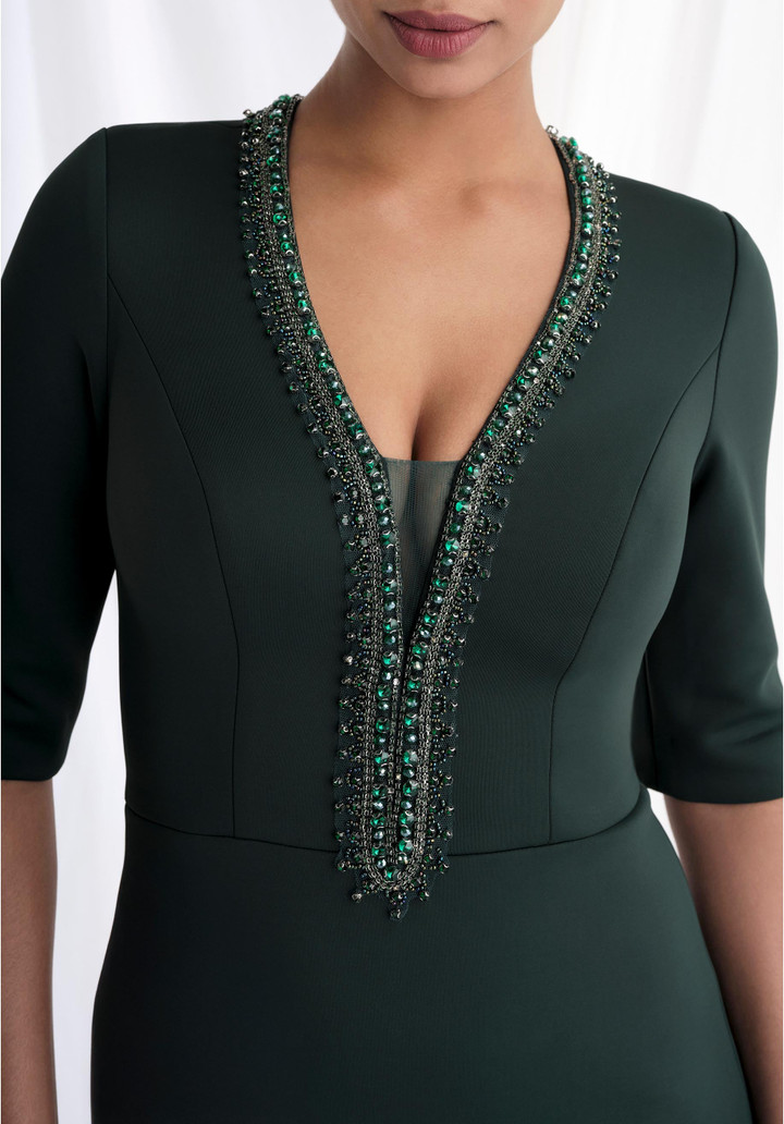 Morilee MGNY 73154 Scuba Knit Beads V-Neck Elbow Sleeve Gown